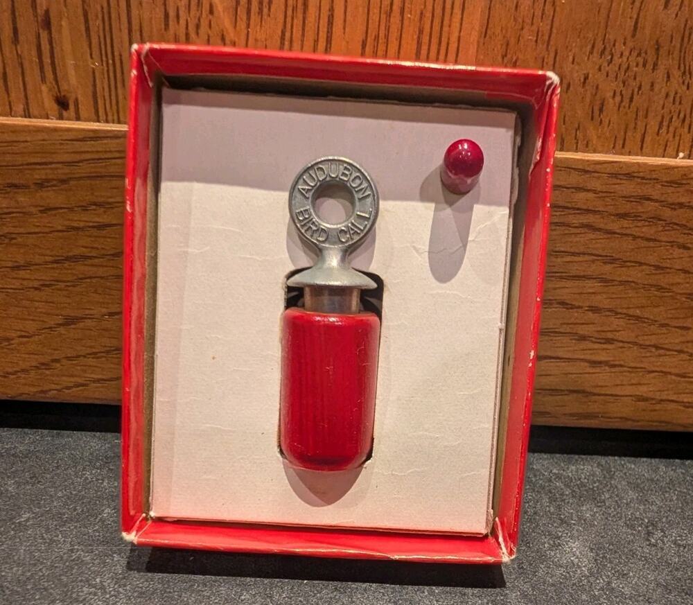 Vintage Red Audubon Bird Call Wood and Metal With Box